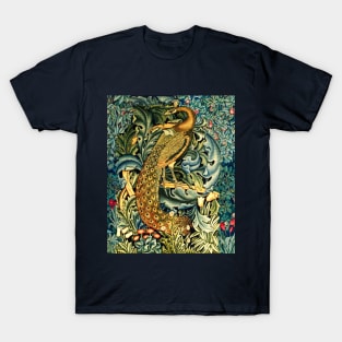 GREENERY, FOREST ANIMALS ,PEACOCK WITH ACANTHUS LEAVES Blue Green Floral T-Shirt